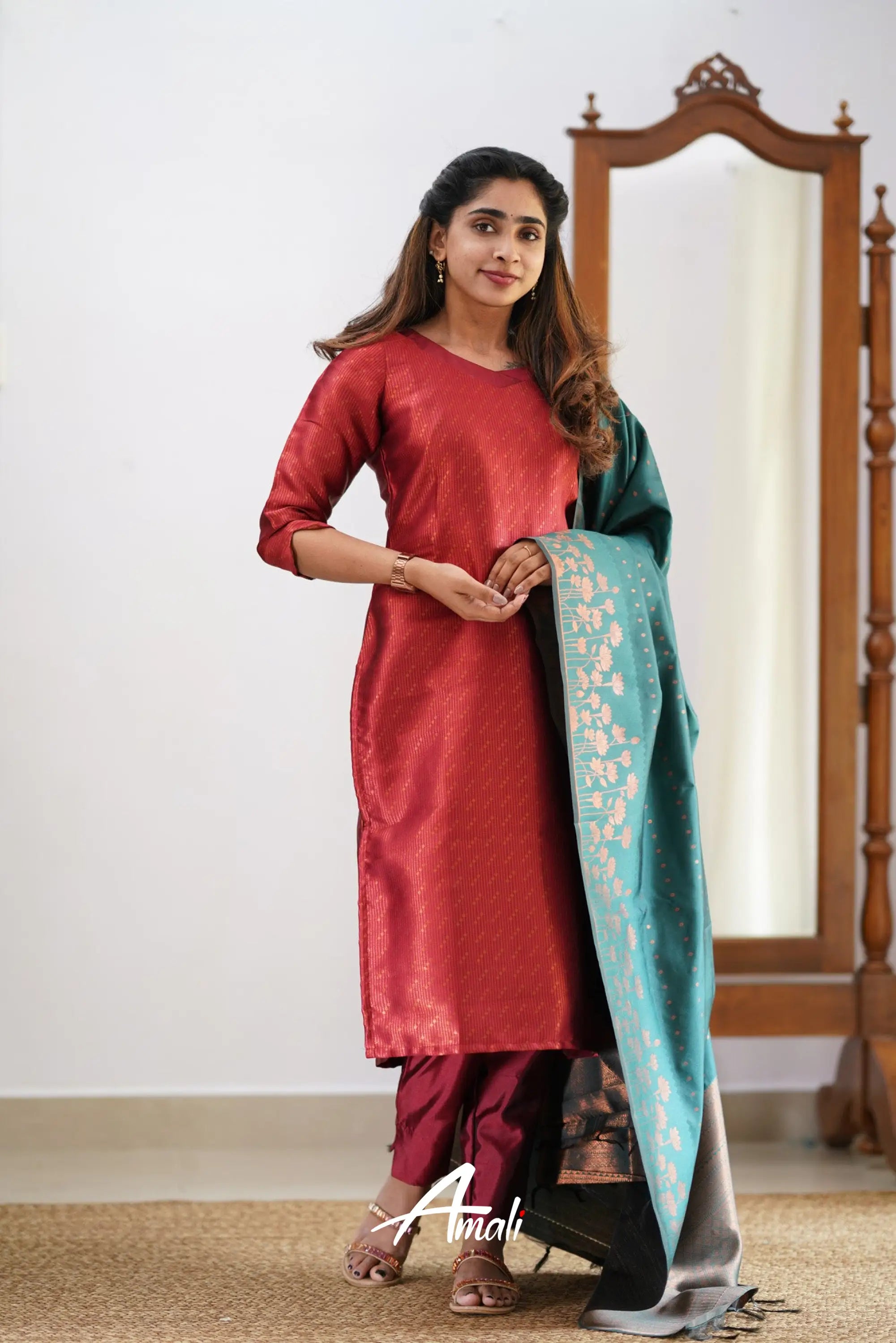 Saara - Maroonish Red And Dark Teal Semi Kanchipuram Silk Salwar Salwar