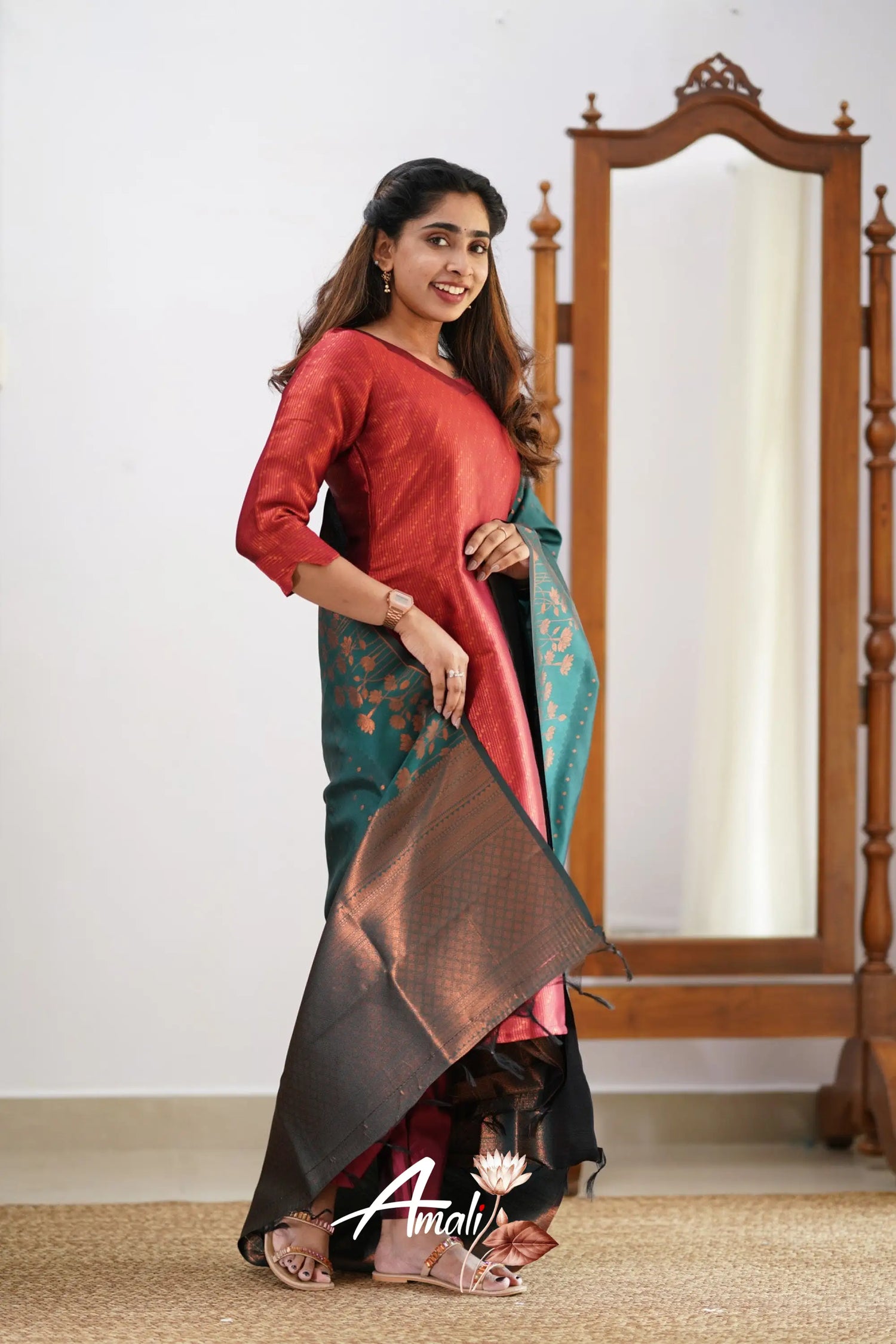 Saara - Maroonish Red And Dark Teal Semi Kanchipuram Silk Salwar Salwar