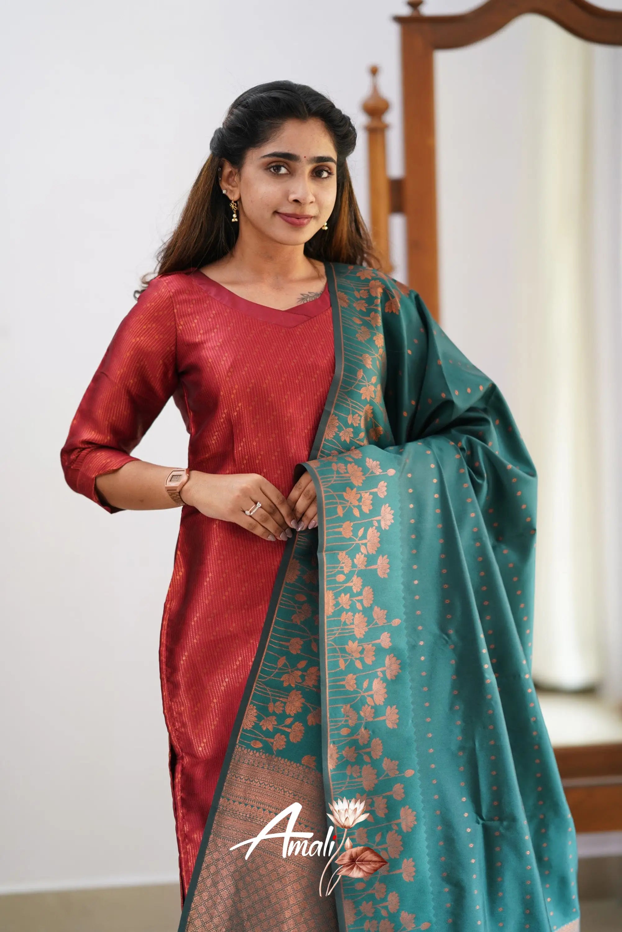 Saara - Maroonish Red And Dark Teal Semi Kanchipuram Silk Salwar Salwar