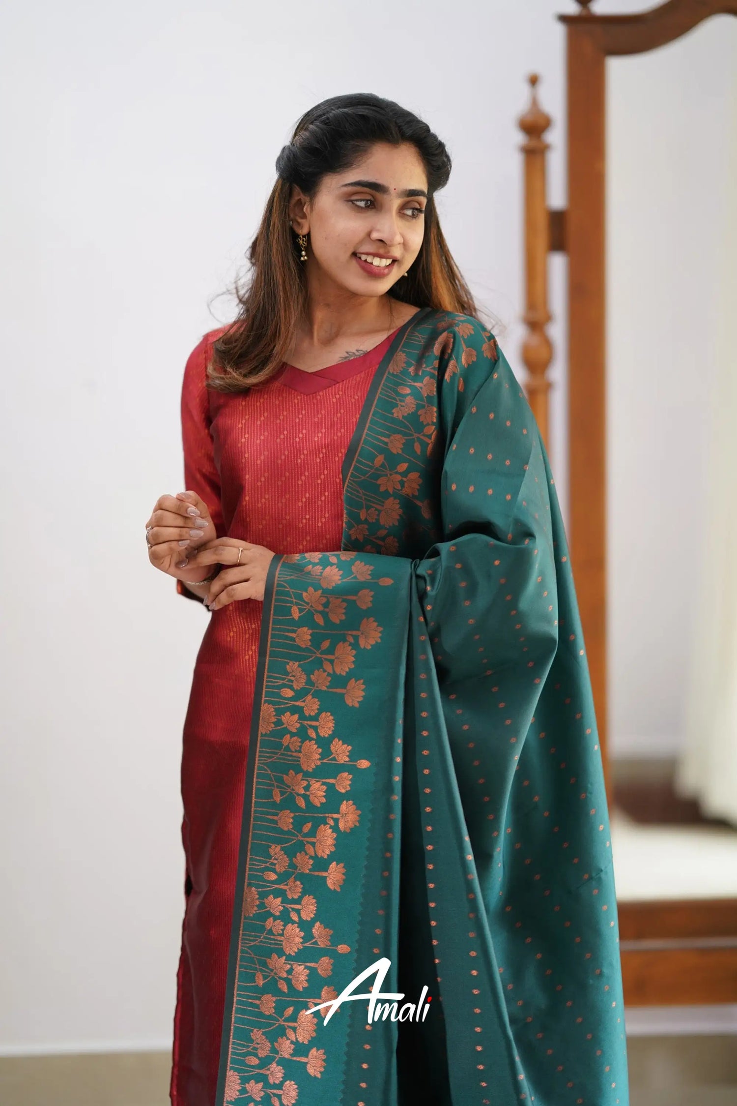 Saara - Maroonish Red And Dark Teal Semi Kanchipuram Silk Salwar Salwar