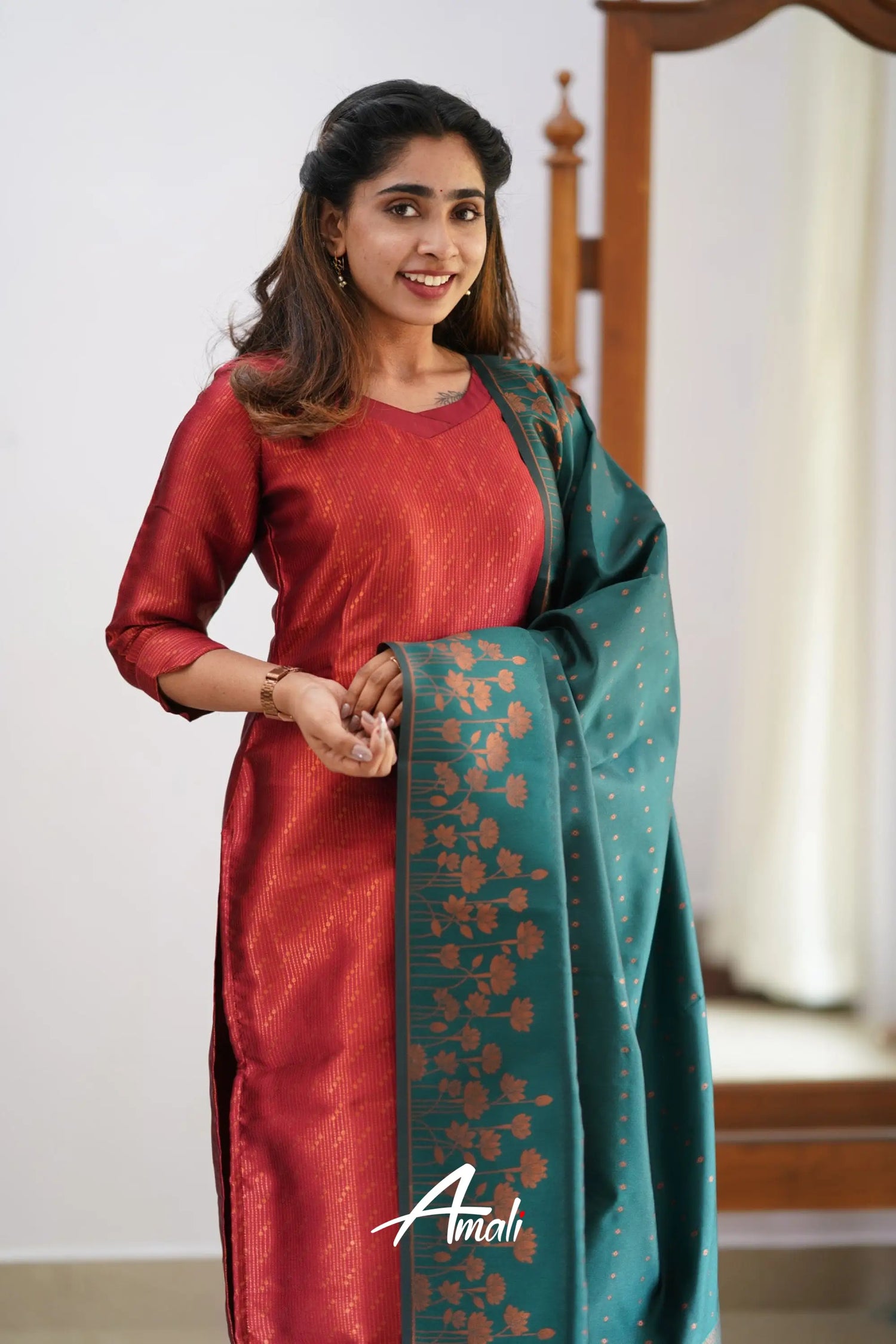 Saara - Maroonish Red And Dark Teal Semi Kanchipuram Silk Salwar Salwar