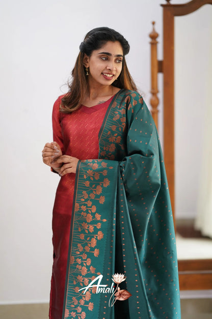 Saara - Maroonish Red And Dark Teal Semi Kanchipuram Silk Salwar Salwar