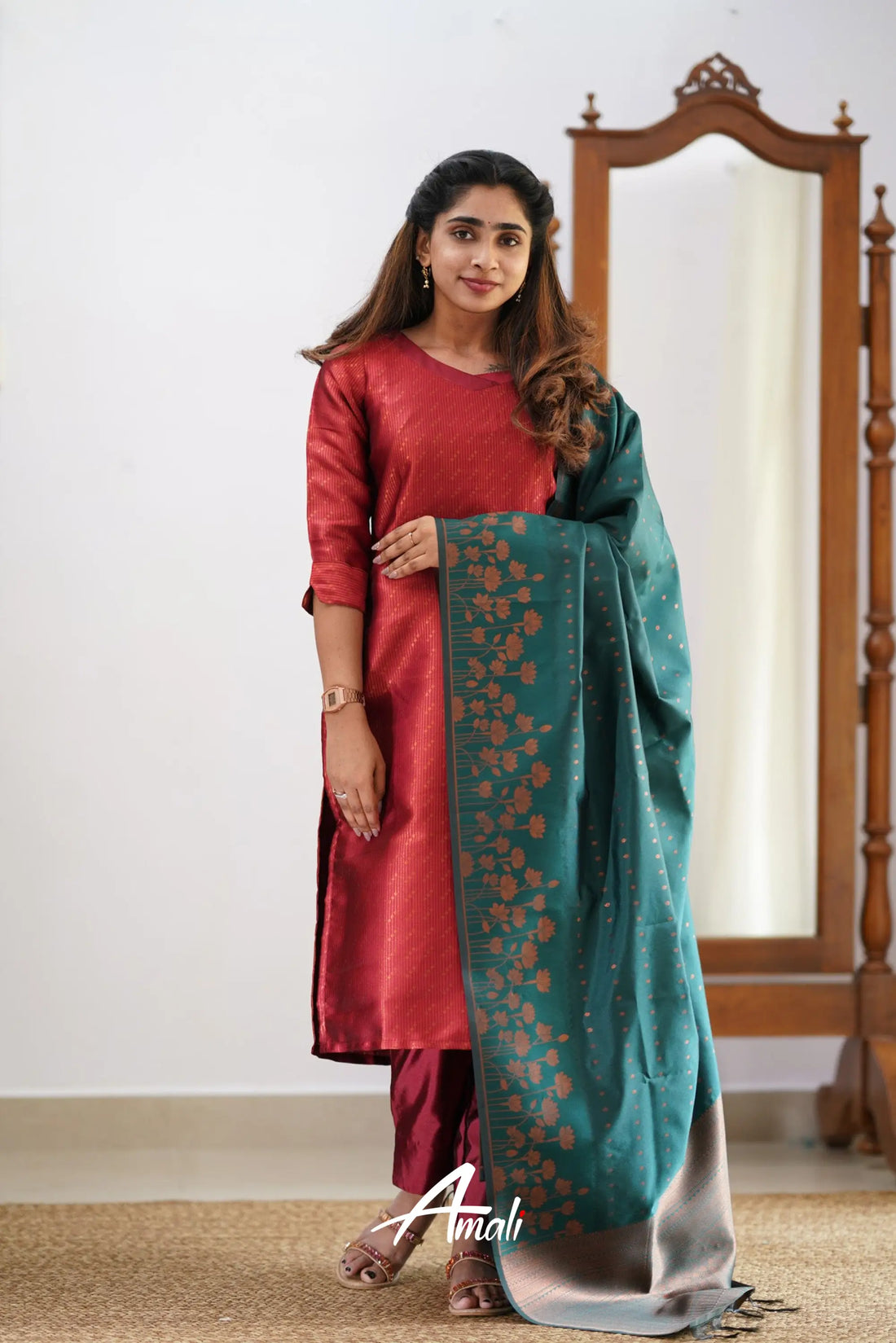 Saara - Maroonish Red And Dark Teal Semi Kanchipuram Silk Salwar Salwar