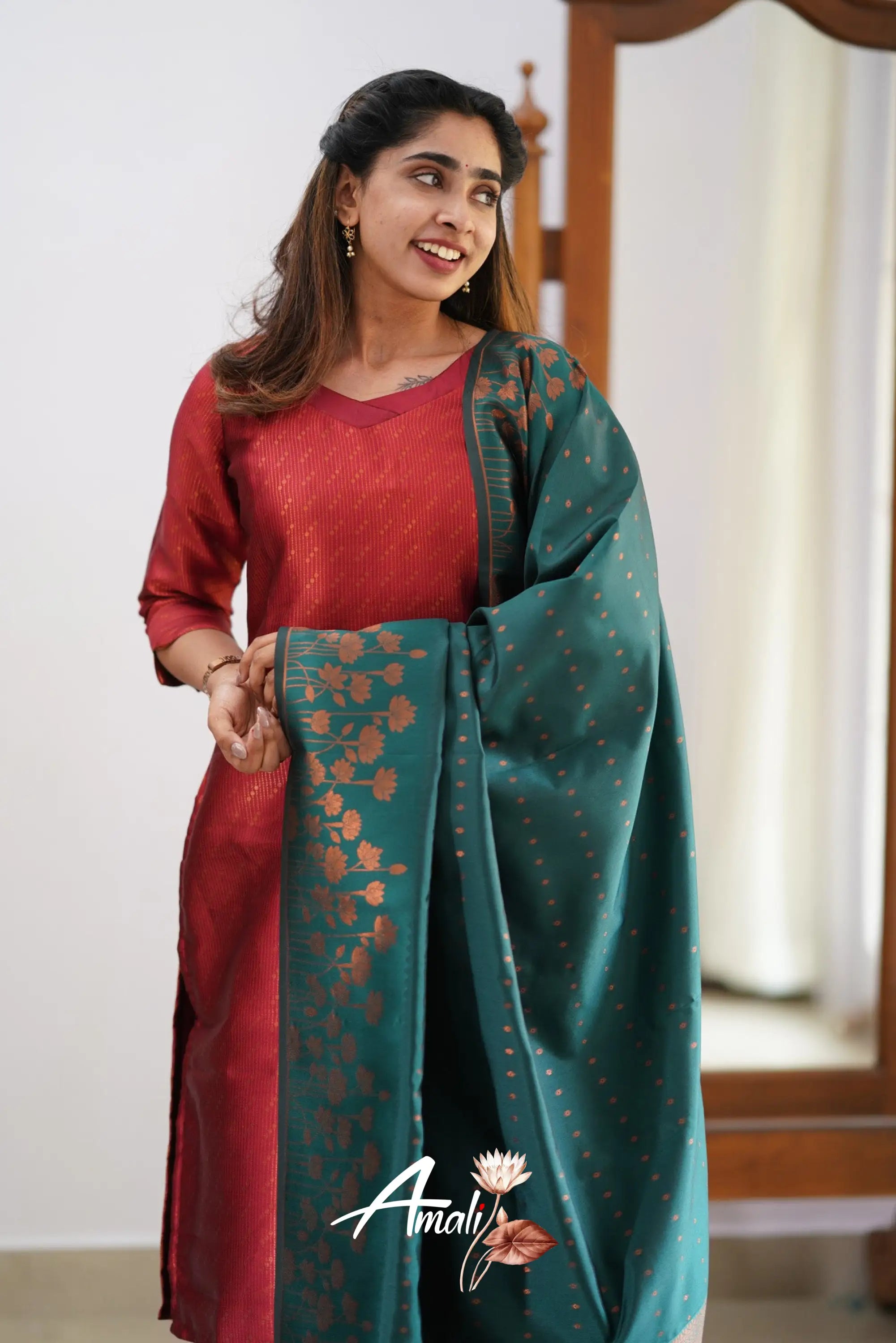 Saara - Maroonish Red And Dark Teal Semi Kanchipuram Silk Salwar Salwar