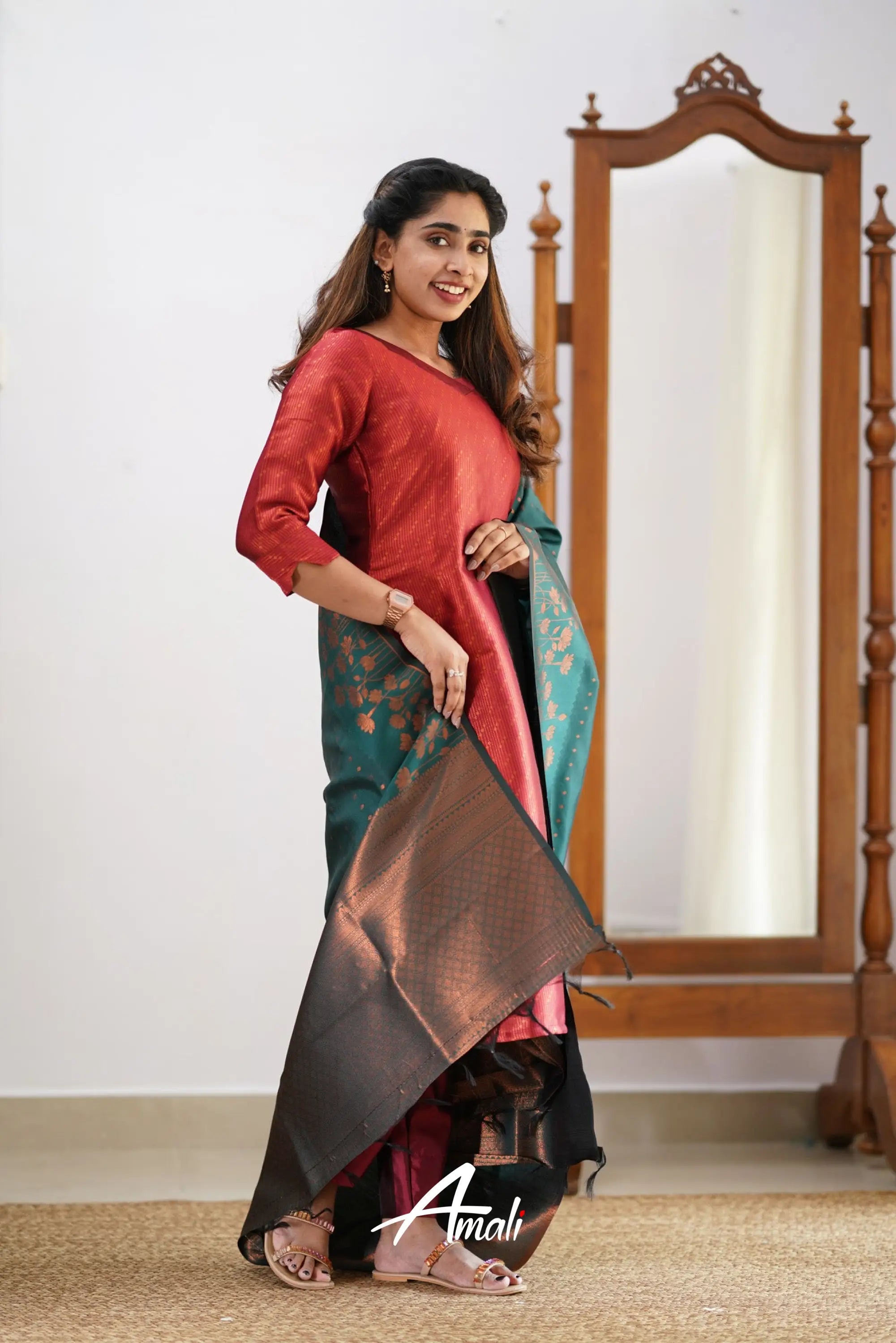 Saara - Maroonish Red And Dark Teal Semi Kanchipuram Silk Salwar Salwar