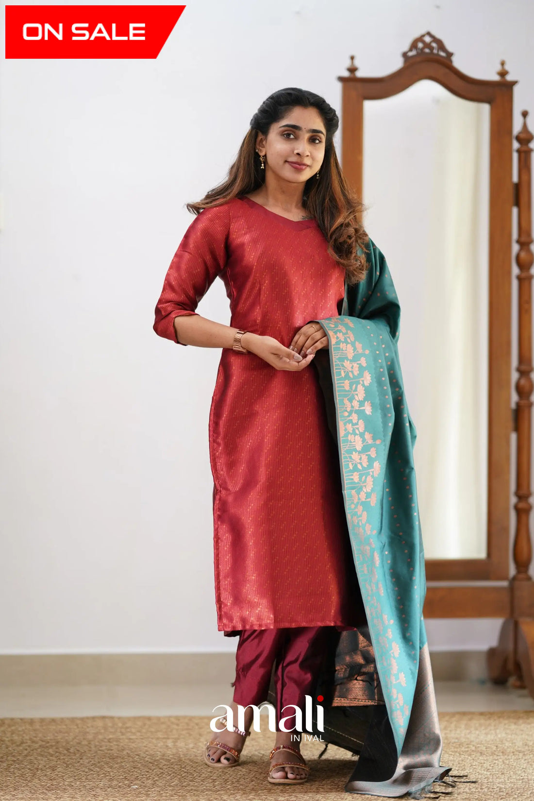 Saara - Maroonish Red And Dark Teal Semi Kanchipuram Silk Salwar Salwar