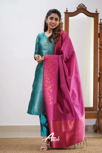 Saara - Teal And Pink Semi Kanchipuram Silk Salwar Salwar