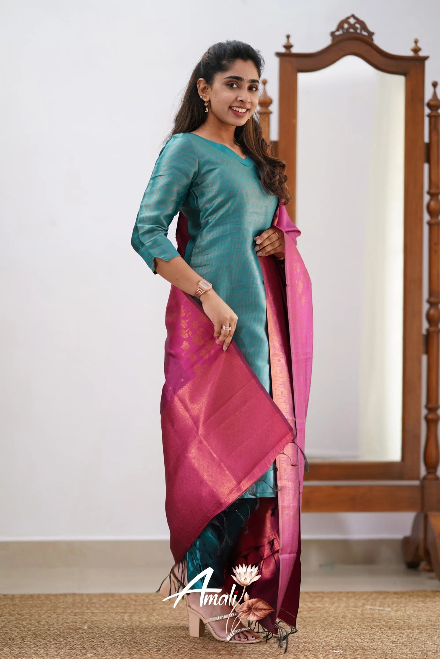 Saara - Teal And Pink Semi Kanchipuram Silk Salwar Salwar