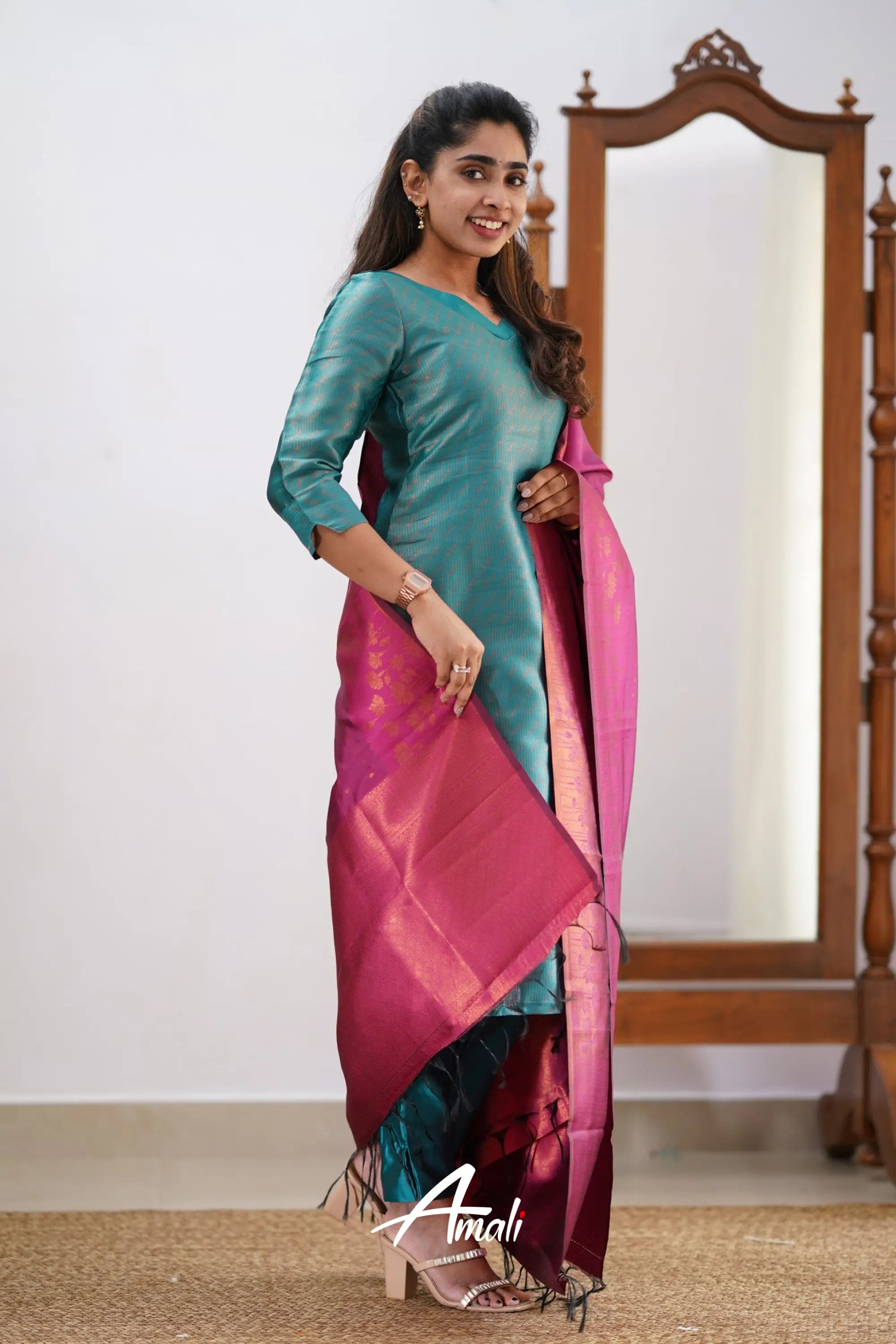 Saara - Teal And Pink Semi Kanchipuram Silk Salwar Salwar