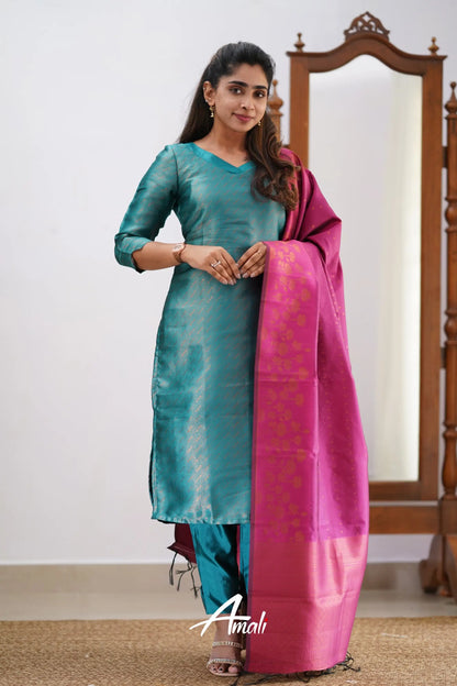 Saara - Teal And Pink Semi Kanchipuram Silk Salwar Salwar