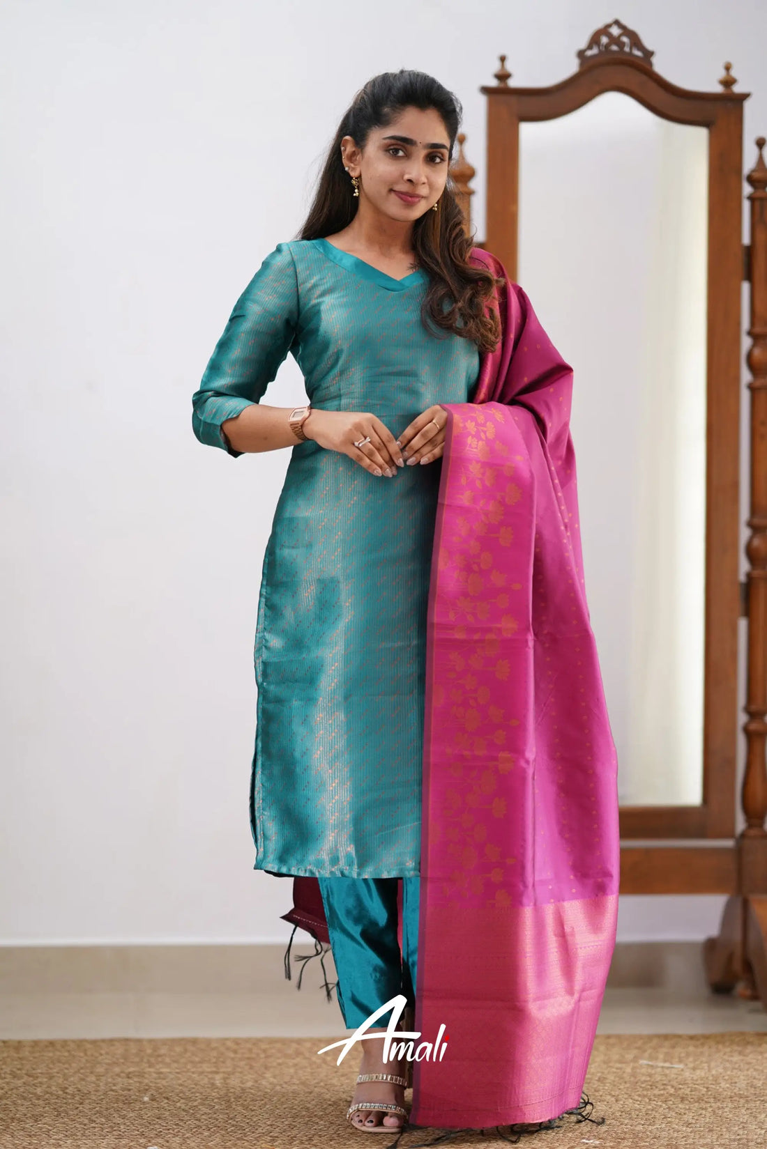 Sanvi - Teal And Pink Semi Kanchipuram Silk Salwar Salwar