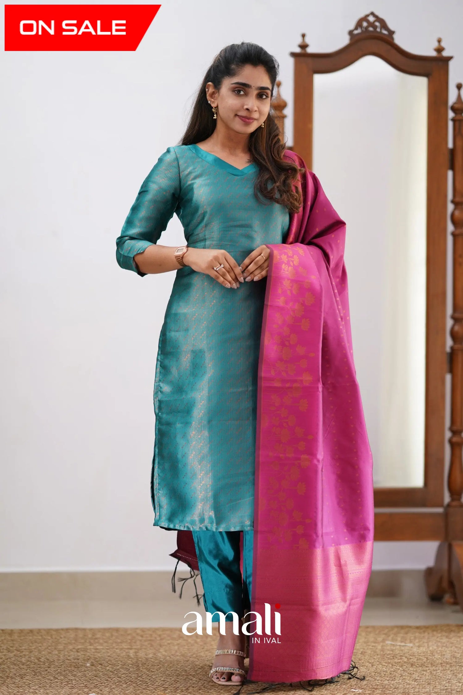 Saara - Teal And Pink Semi Kanchipuram Silk Salwar Salwar