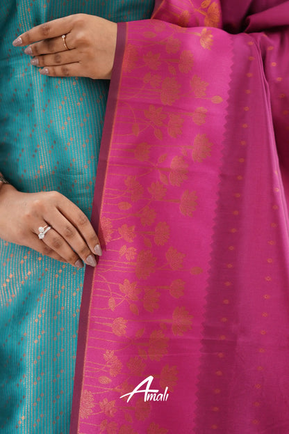 Saara - Teal And Pink Semi Kanchipuram Silk Salwar Salwar