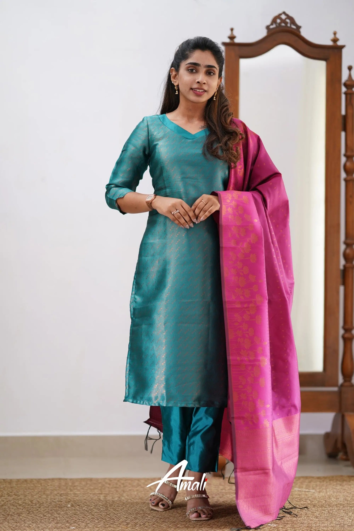 Saara - Teal And Pink Semi Kanchipuram Silk Salwar Salwar