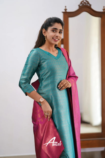 Saara - Teal And Pink Semi Kanchipuram Silk Salwar Salwar