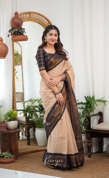 Saaral - Cream and Navy blue Sungudi Saree - Sarees