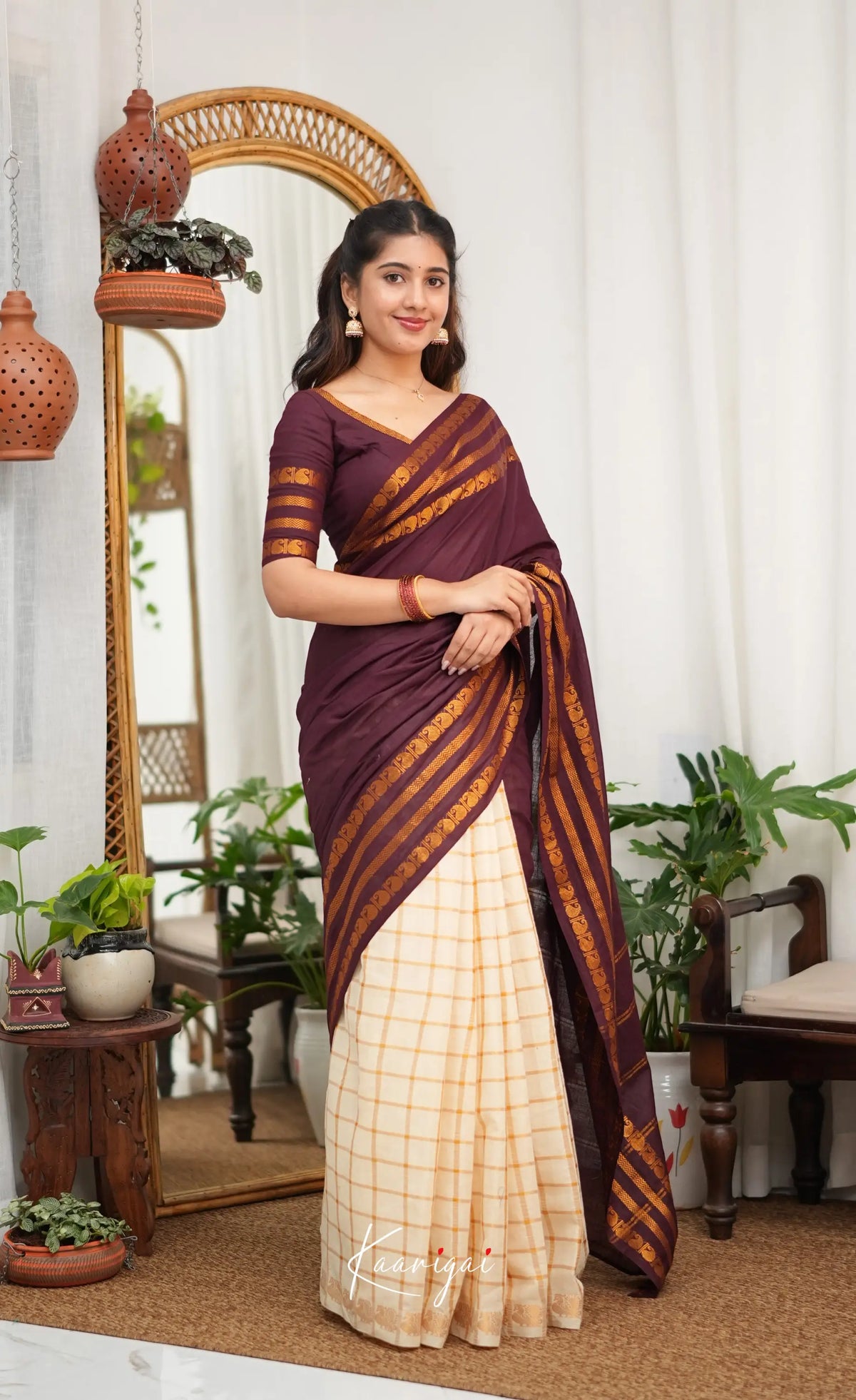 Saaral - Creamish white with Maroon Half &amp; Half Sungudi Saree - Sarees
