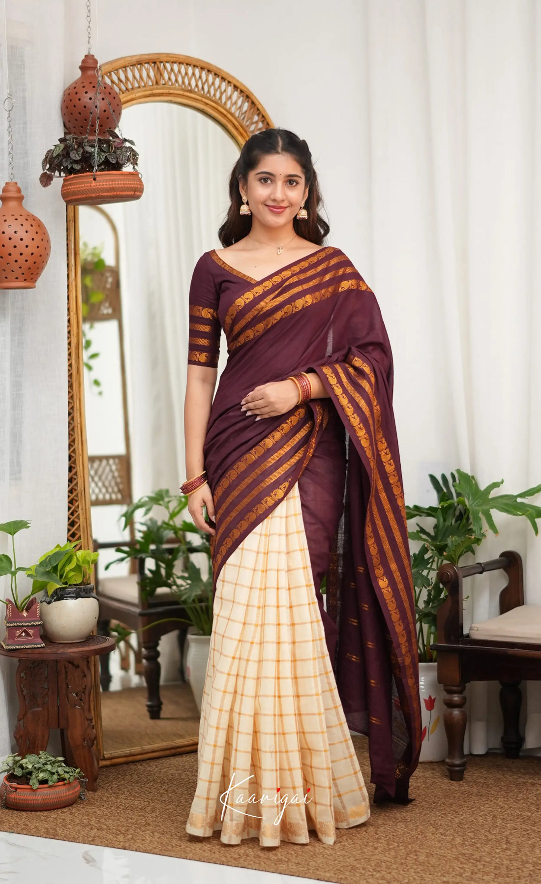 Saaral - Creamish white with Maroon Half &amp; Half Sungudi Saree - Sarees