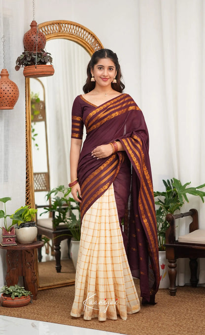 Saaral - Creamish white with Maroon Half &amp; Half Sungudi Saree - Sarees