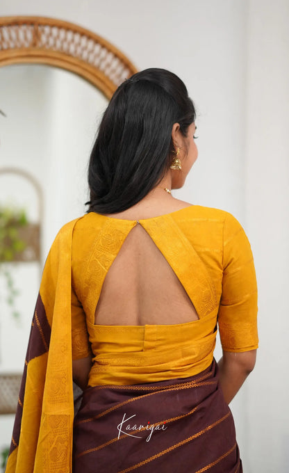 Saaral - Dark brown and Henna yellow Sungudi Saree - Sarees