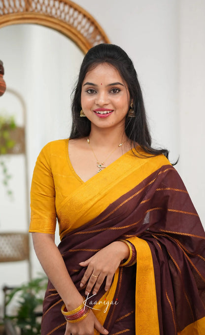 Saaral - Dark brown and Henna yellow Sungudi Saree - Sarees