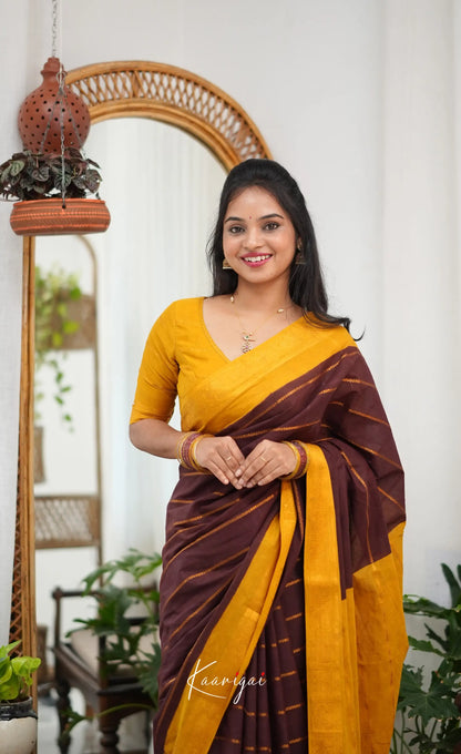 Saaral - Dark brown and Henna yellow Sungudi Saree - Sarees