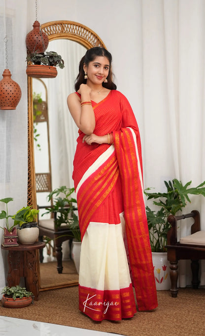 Saaral - Red and Off-white Sungudi Saree - Sarees