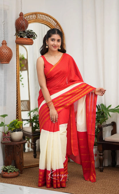 Saaral - Red and Off-white Sungudi Saree - Sarees