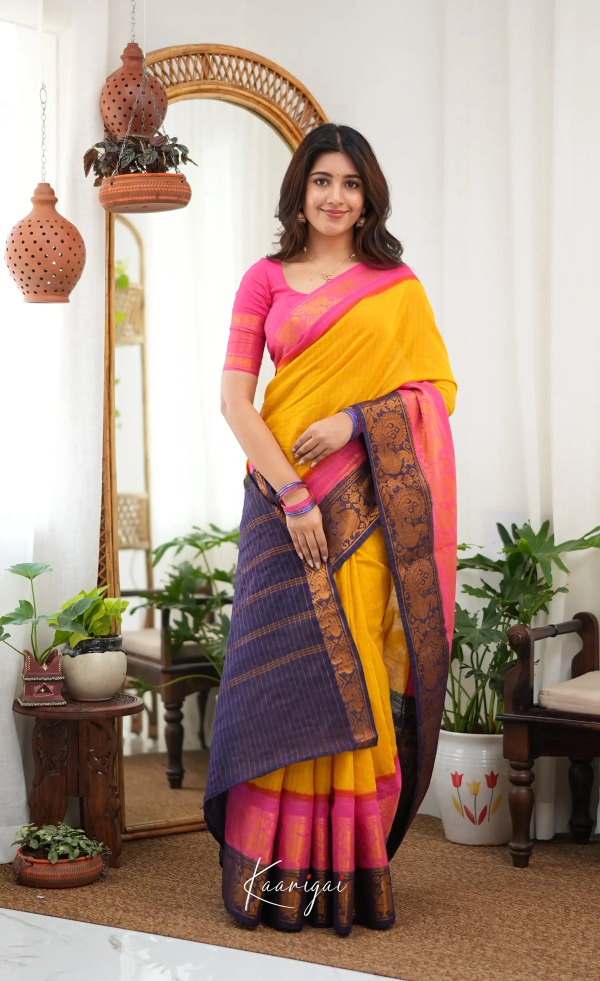 Saaral - Yellow and Pink Sungudi Saree - Sarees