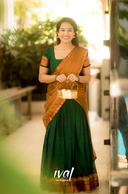 Saatvika - Bottle Green And Mustard Cotton Halfsaree Half Sarees