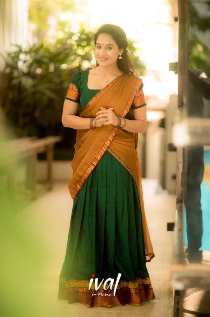 Saatvika - Bottle Green And Mustard Cotton Halfsaree Half Sarees