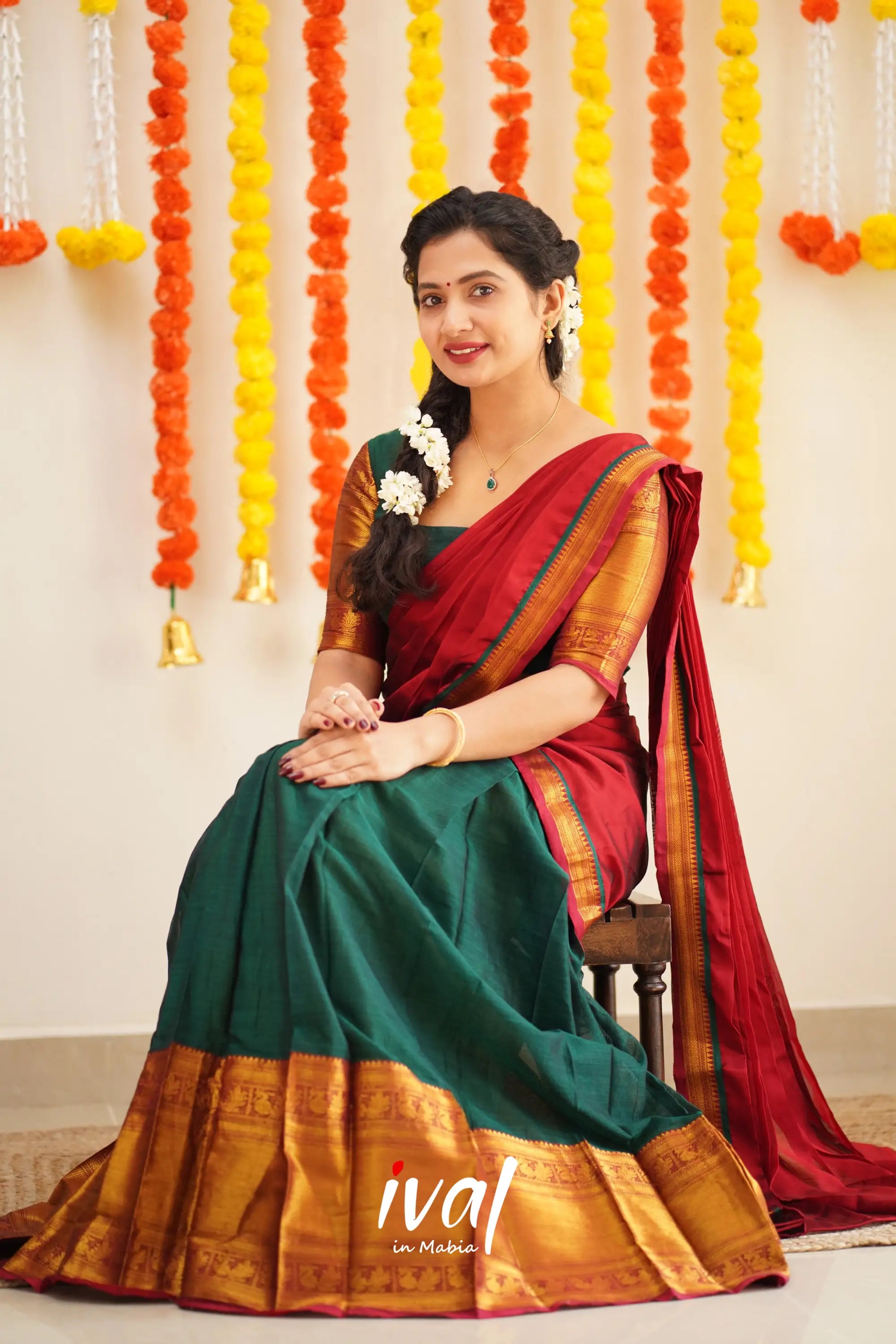 Saatvika - Bottle Green And Red Cotton Halfsaree Half Sarees