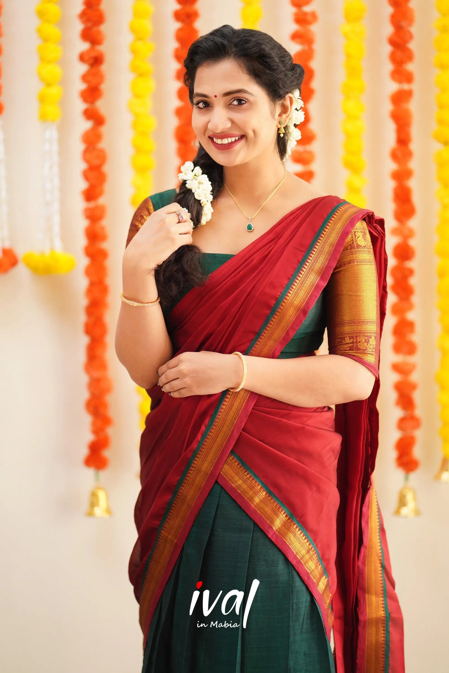 Saatvika - Bottle Green And Red Cotton Halfsaree Half Sarees