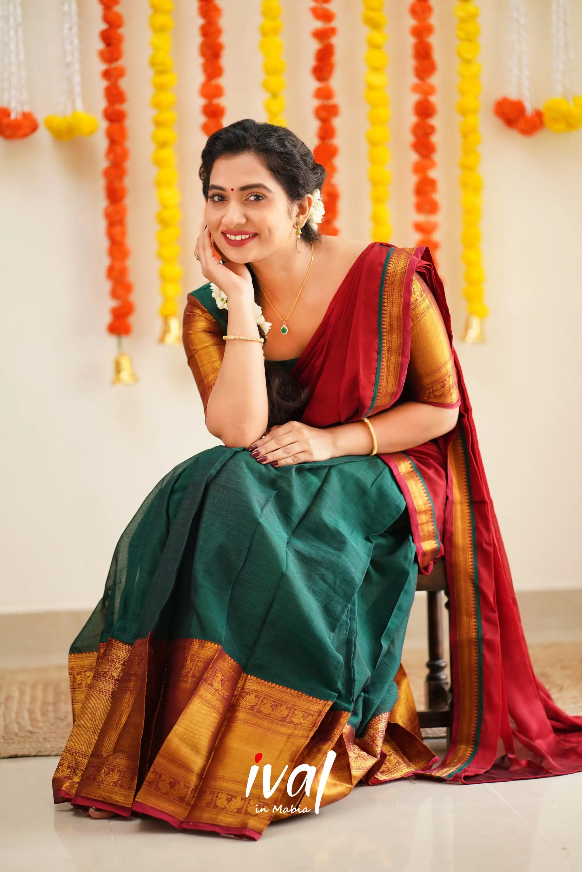 Saatvika - Bottle Green And Red Cotton Halfsaree Half Sarees