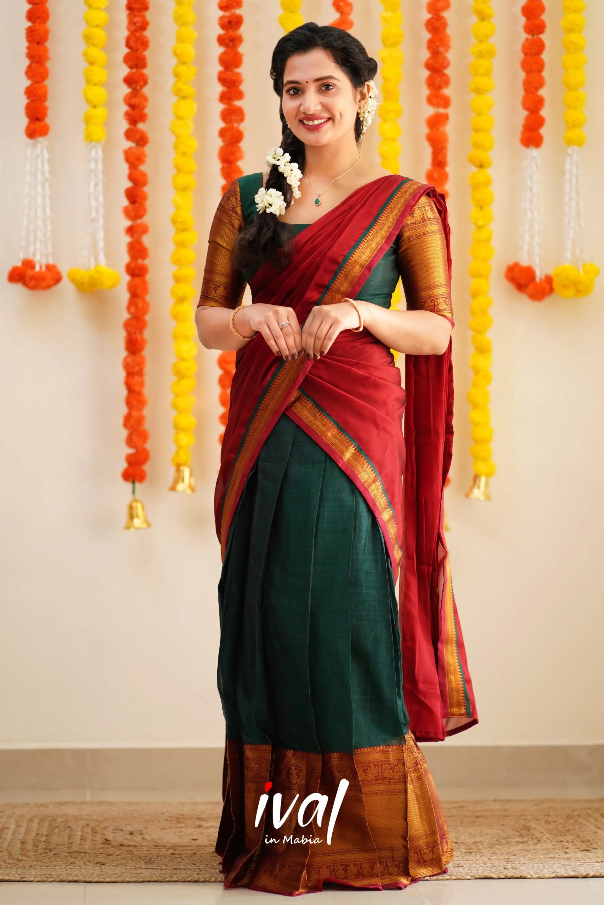 Saatvika - Bottle Green And Red Cotton Halfsaree Half Sarees