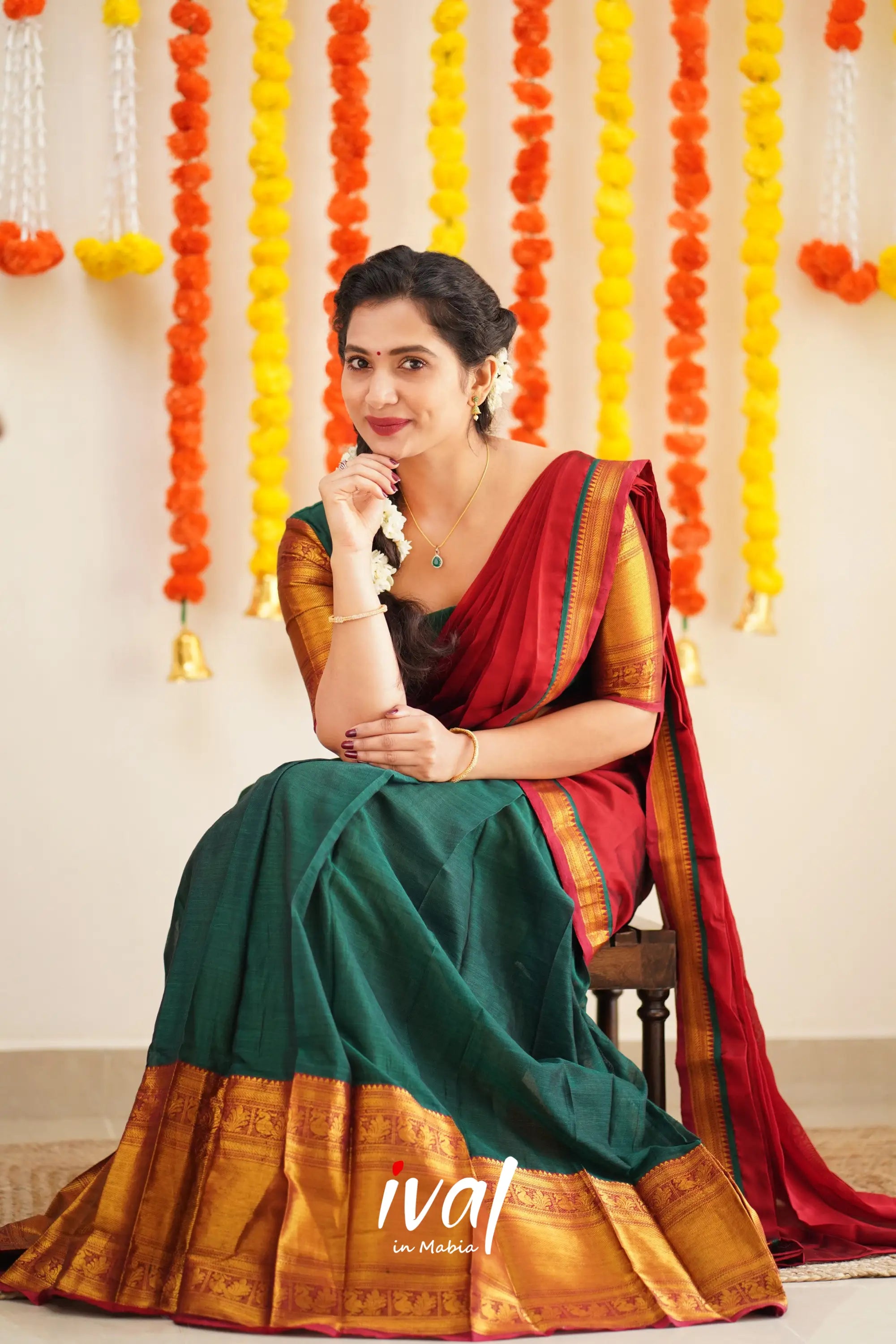 Saatvika - Bottle Green And Red Cotton Halfsaree Half Sarees