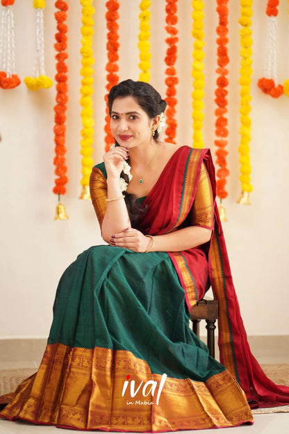 Saatvika - Bottle Green And Red Cotton Halfsaree Half Sarees