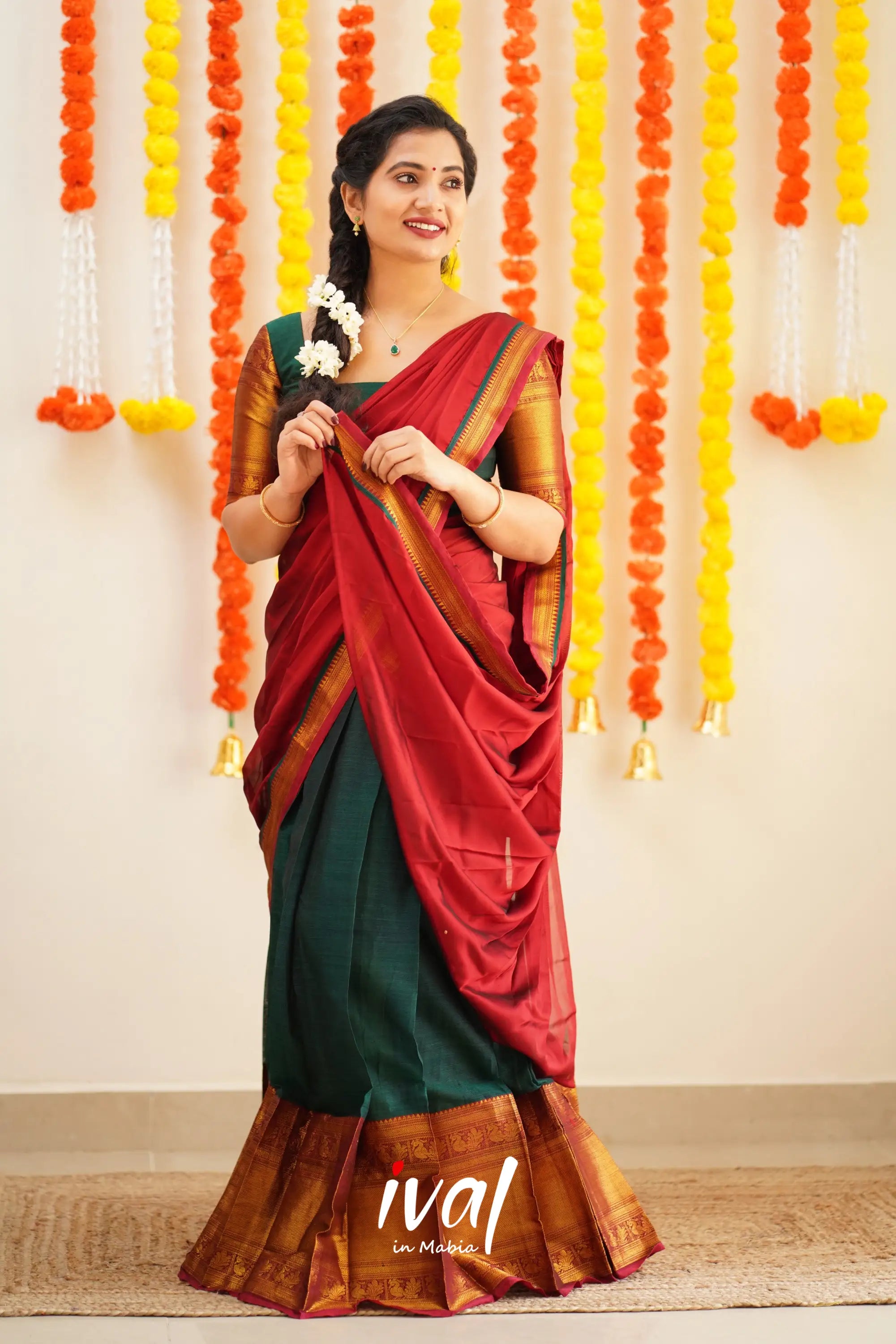 Saatvika - Bottle Green And Red Cotton Halfsaree Half Sarees