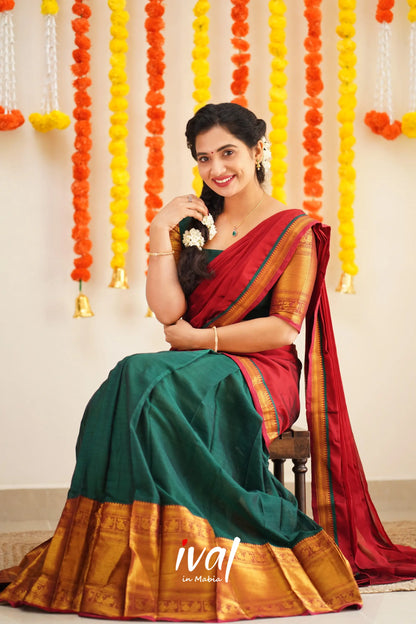 Saatvika - Bottle Green And Red Cotton Halfsaree Half Sarees