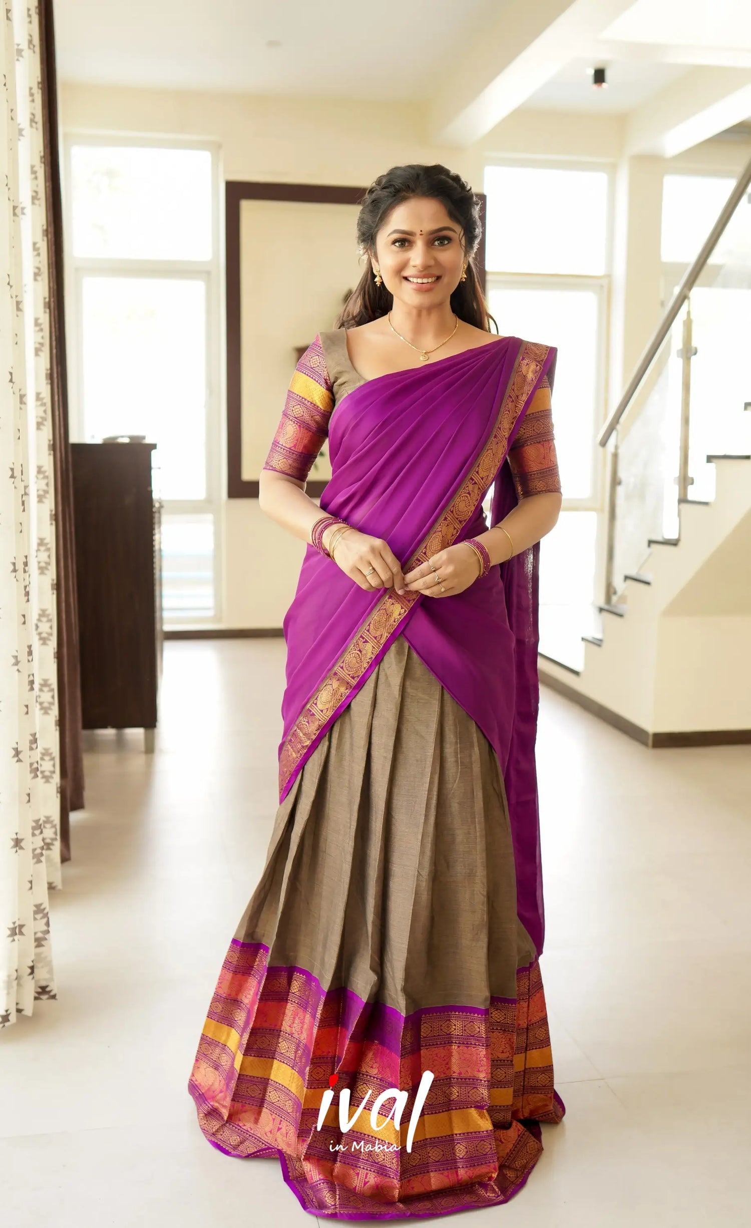 Saatvika Cotton Half Saree - Ash And Violet Sarees