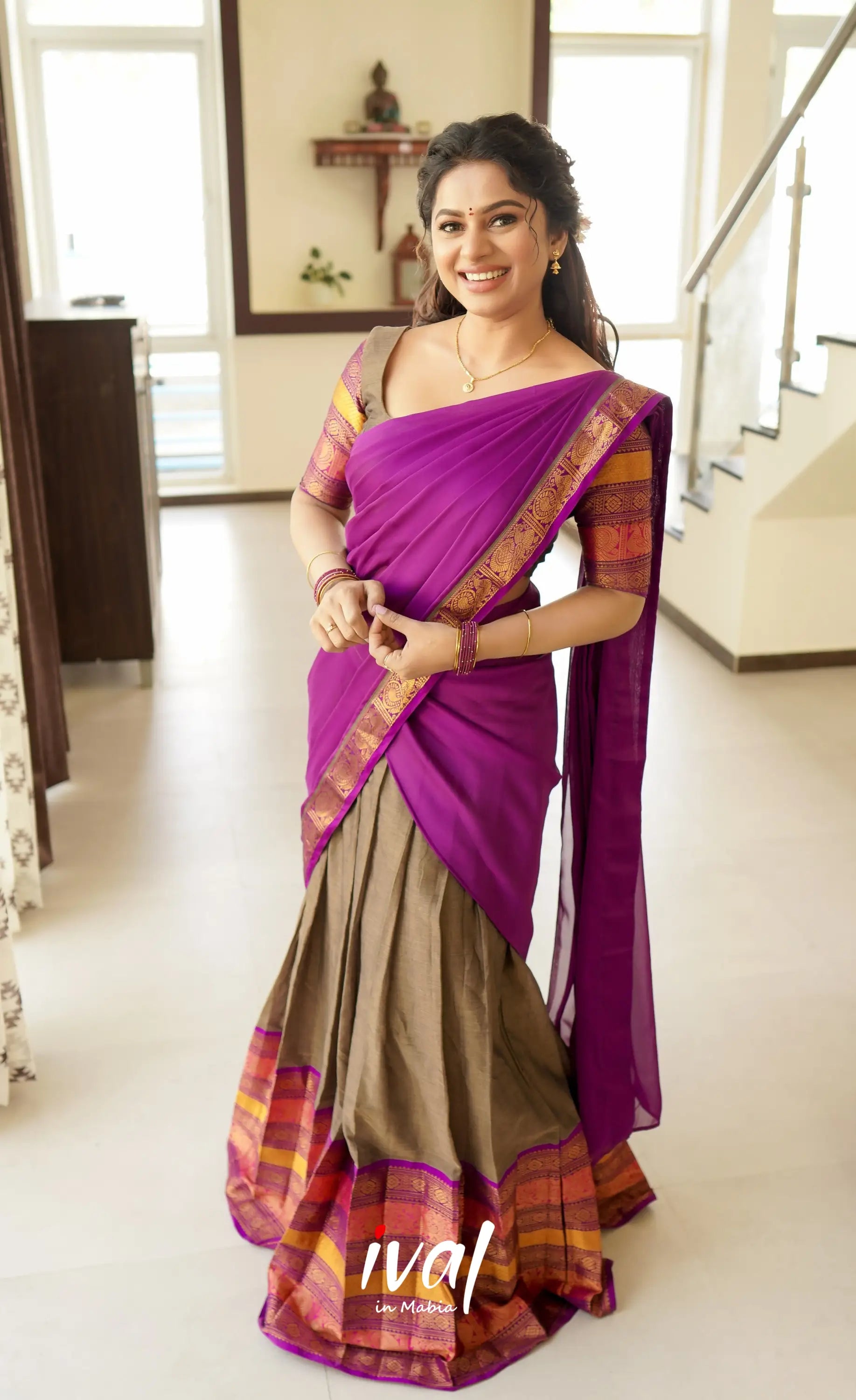 Saatvika Cotton Half Saree - Ash And Violet Sarees