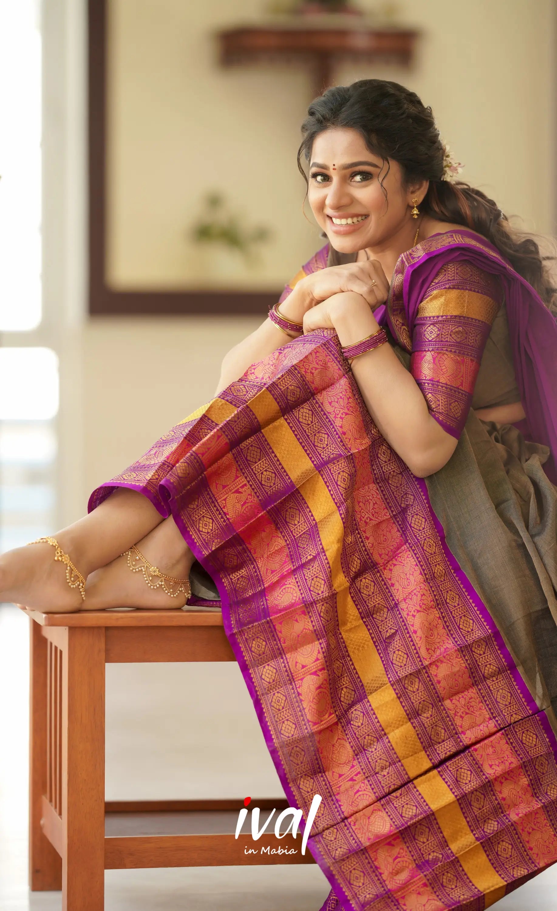 Saatvika Cotton Half Saree - Ash And Violet Sarees