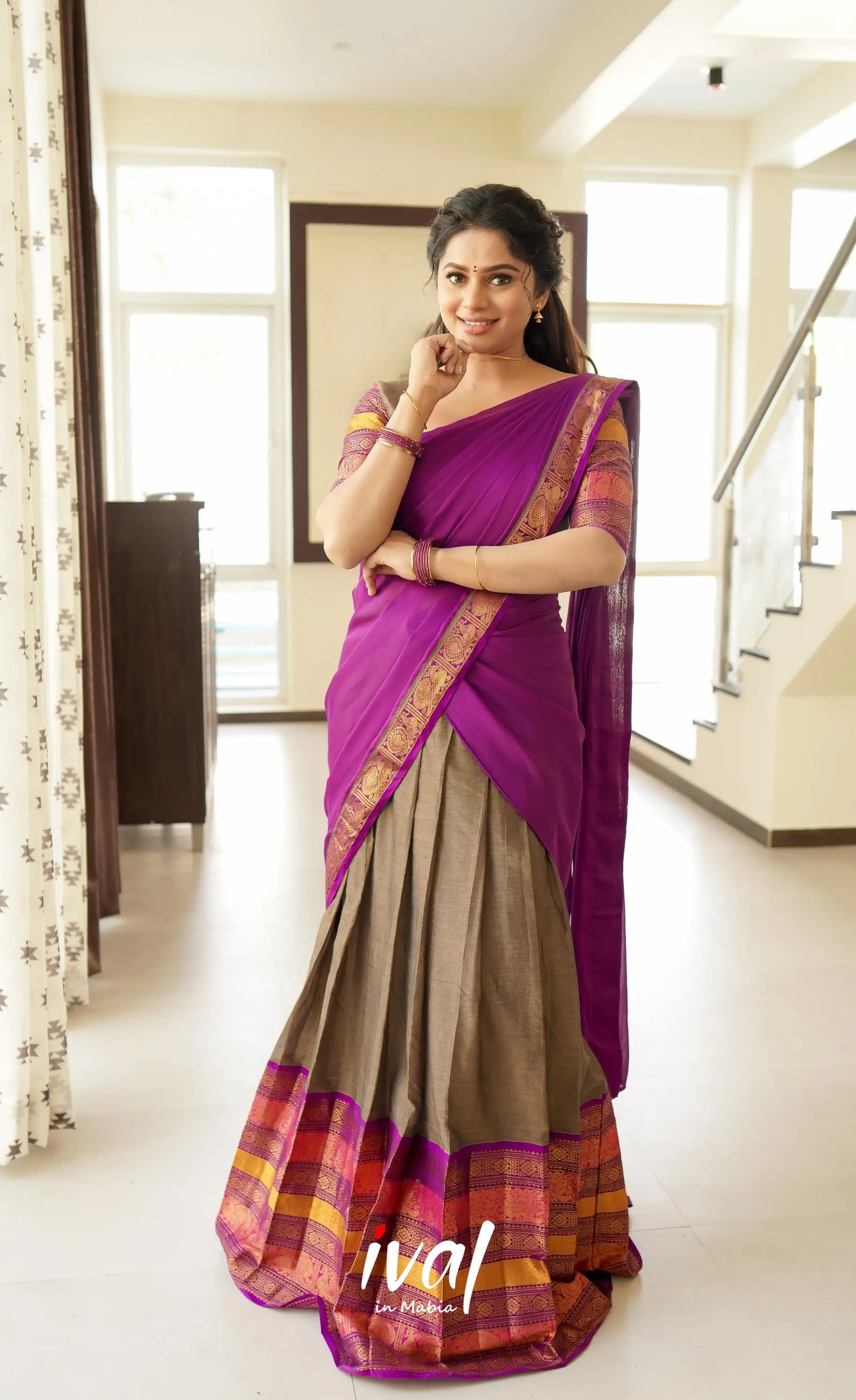 Saatvika Cotton Half Saree - Ash And Violet Sarees