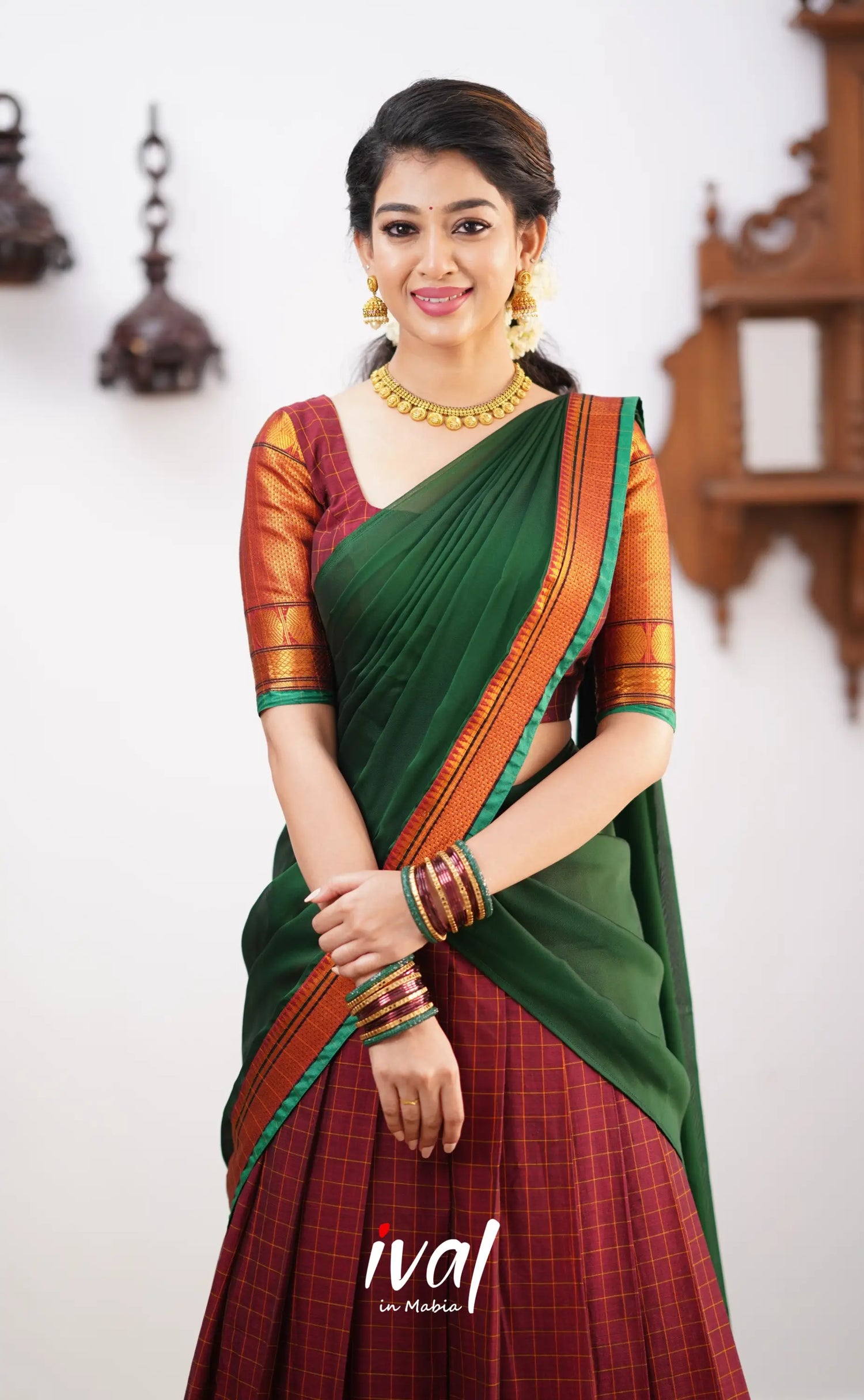 Padmaja - Green Tone And Shade Of Maroon Cotton Halfsaree Half Sarees