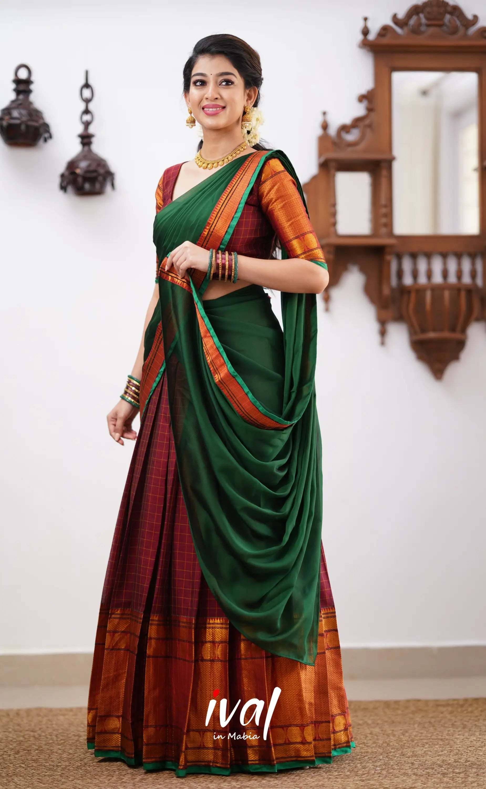 Padmaja - Green Tone And Shade Of Maroon Cotton Halfsaree Half Sarees