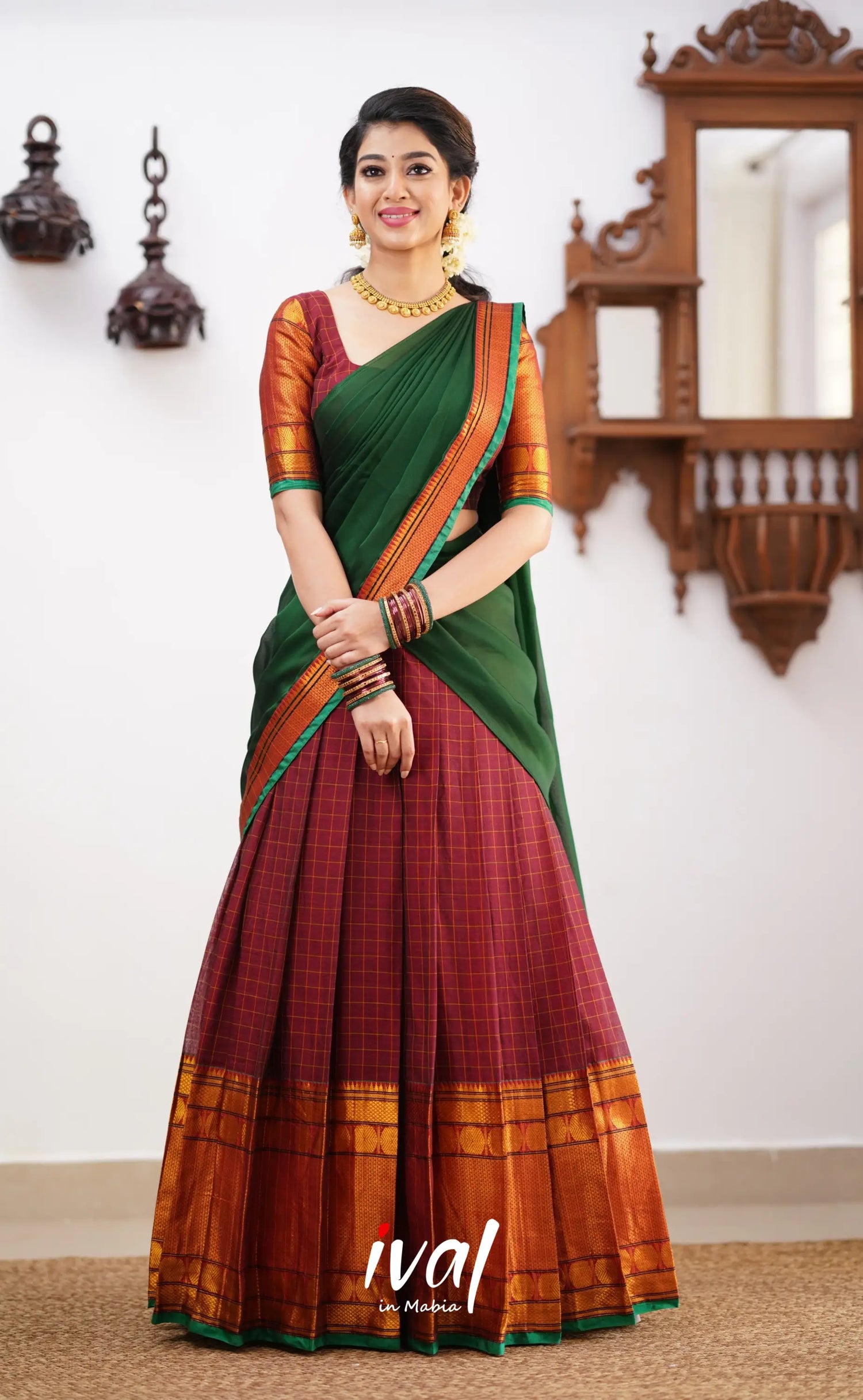 Padmaja - Green Tone And Shade Of Maroon Cotton Halfsaree Half Sarees