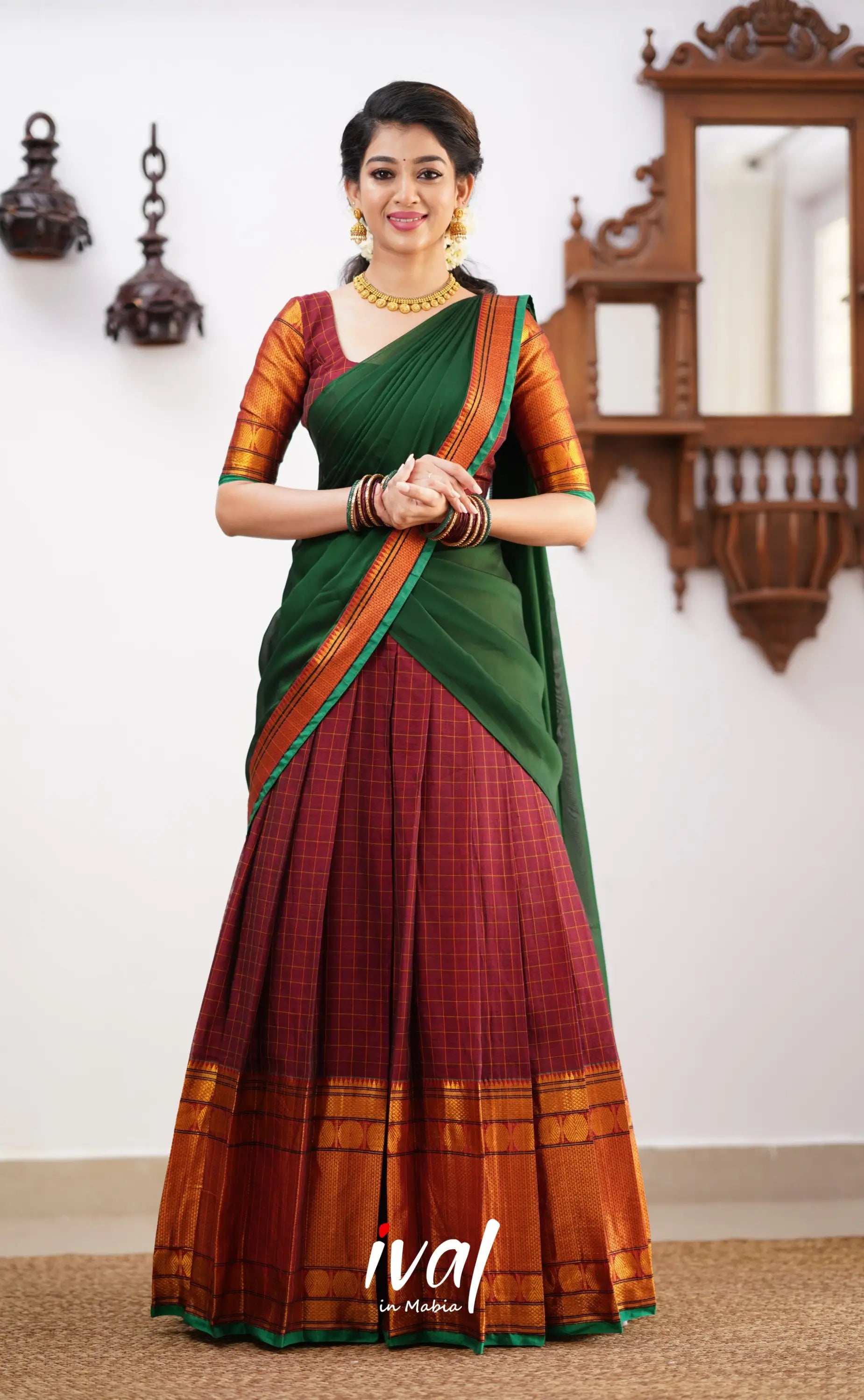 Padmaja - Green Tone And Shade Of Maroon Cotton Halfsaree Half Sarees