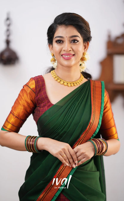 Padmaja - Green Tone And Shade Of Maroon Cotton Halfsaree Half Sarees