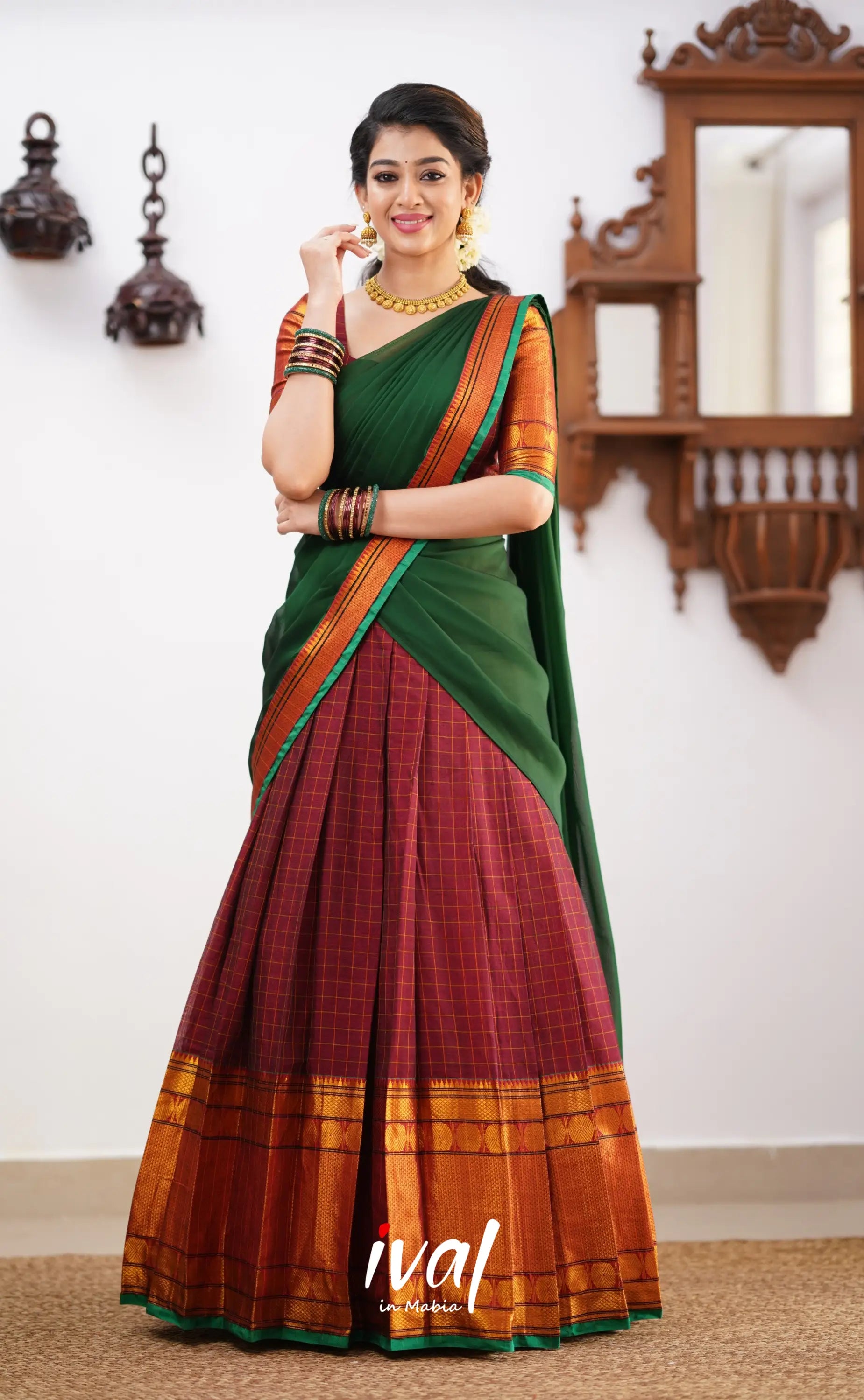 Padmaja - Green Tone And Shade Of Maroon Cotton Halfsaree Half Sarees