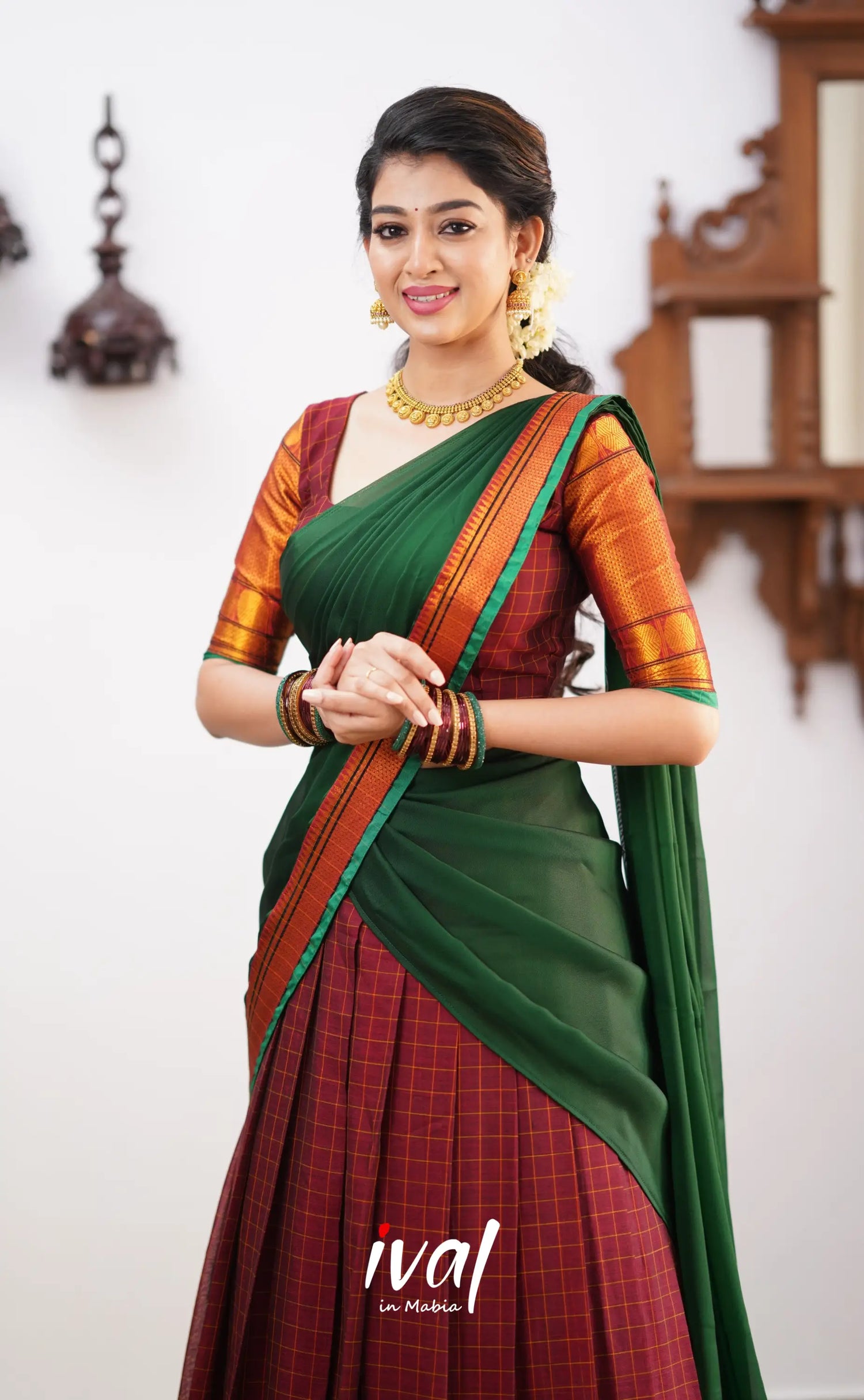 Padmaja - Green Tone And Shade Of Maroon Cotton Halfsaree Half Sarees